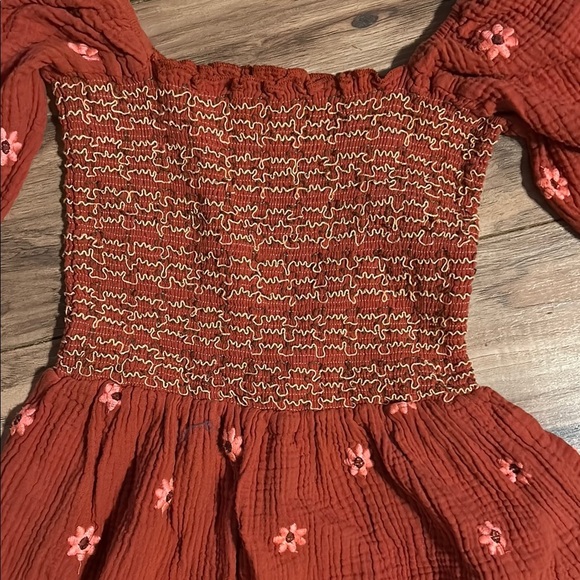 Rust Smocked Maxi Dress with Floral Embroidery - Picture 3 of 5